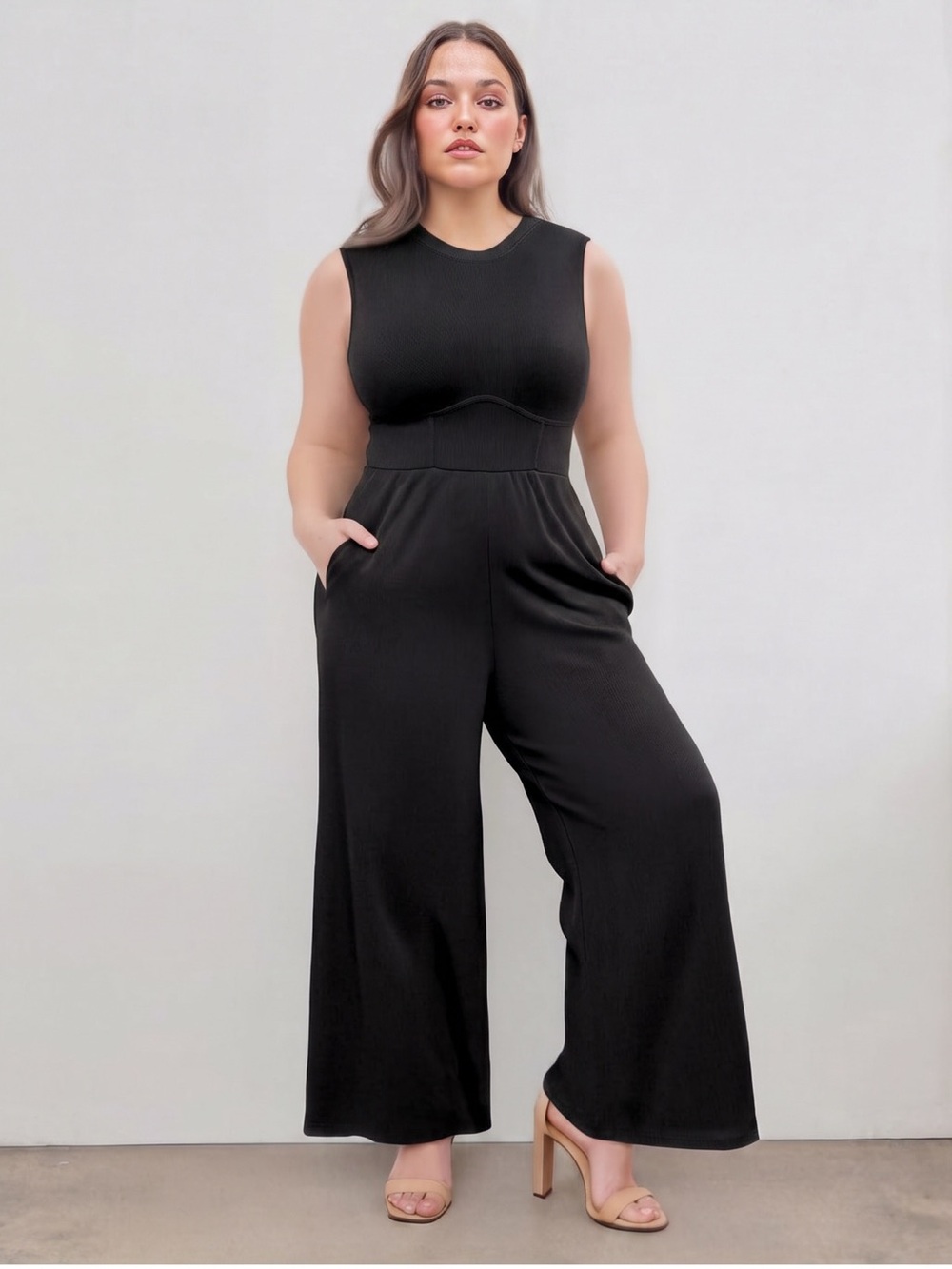 Cider Black Sleeveless Stretchy Wide-Leg Jumpsuit